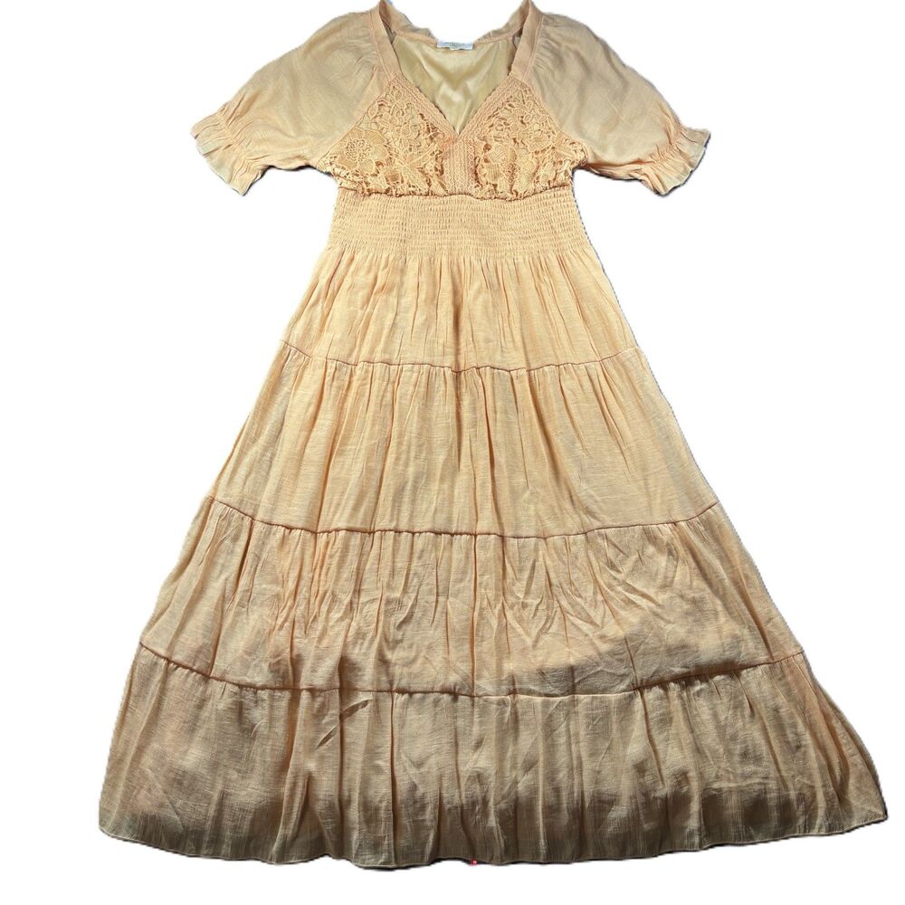 Rebellion Again Women Maxi Dress Lace Tiered Smocked Boho Flirty Coral XL M228